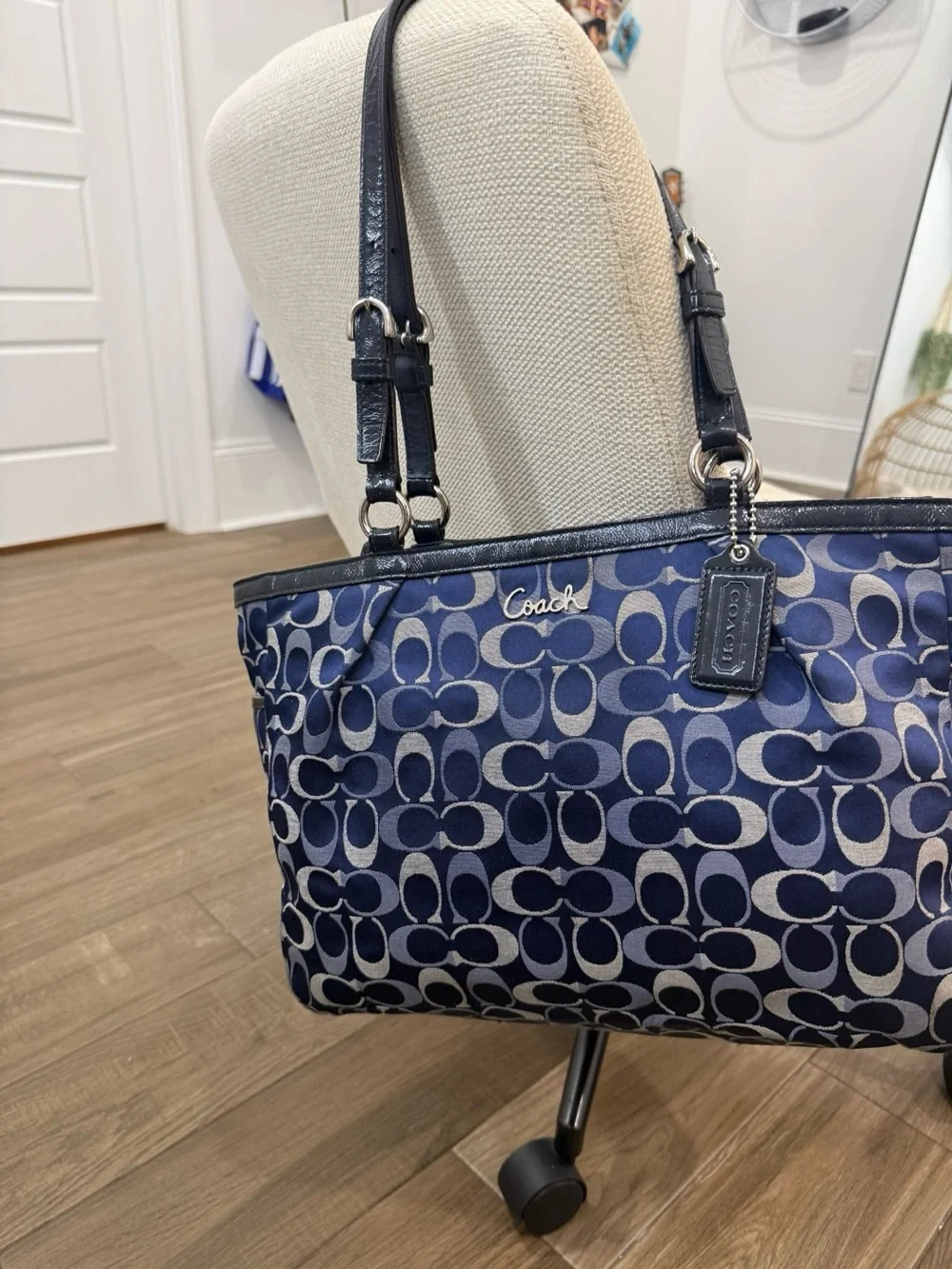 vintage Coach Blue Signature Canvas Tote with Black Leather Trim#coach #vintage